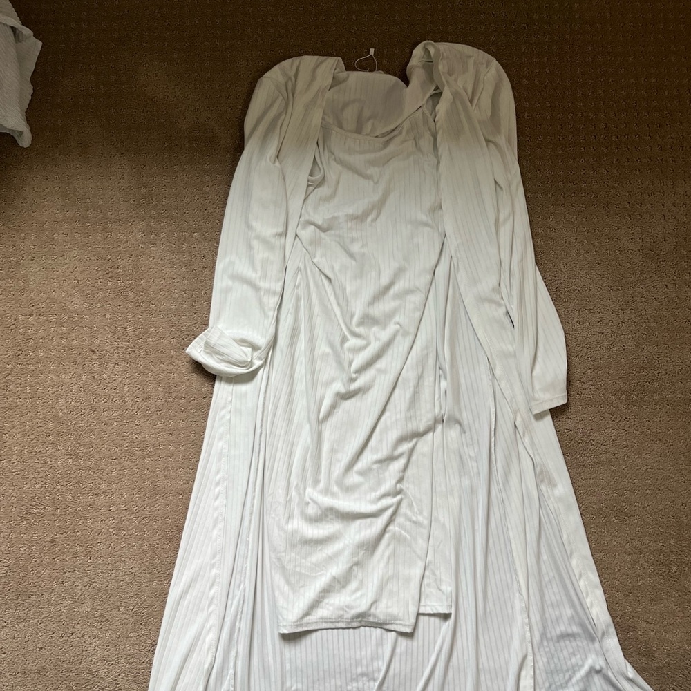White ribbed cardigan & dress two piece set